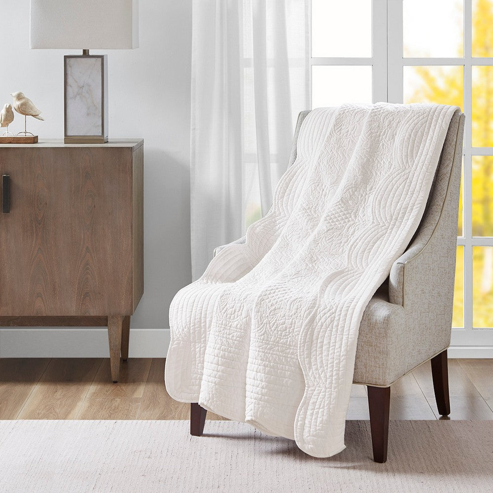 Quilted Throw Blanket, Scalloped Edges, White Polyester Microfiber