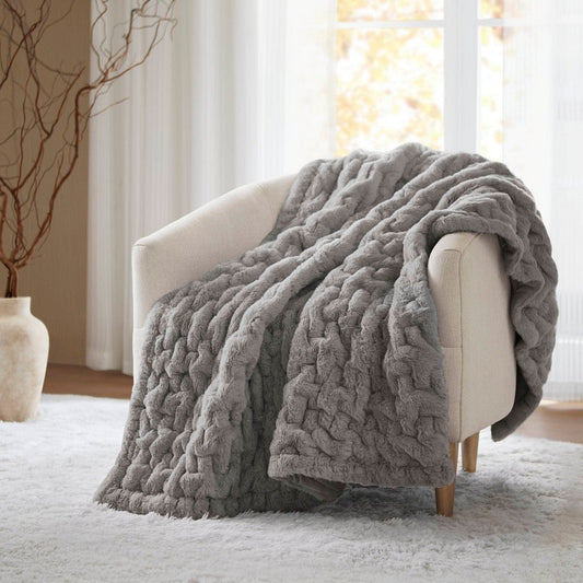 60 x 50 Throw Blanket, Ruched Solid Faux Fur, Polyfill, Gray