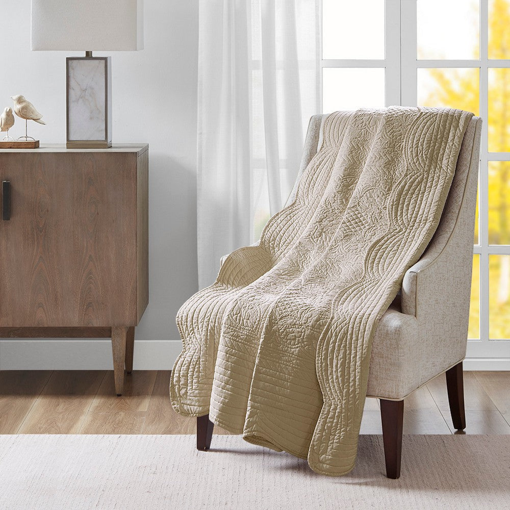 Quilted Throw Blanket, Scalloped Edges, Khaki Polyester Microfiber
