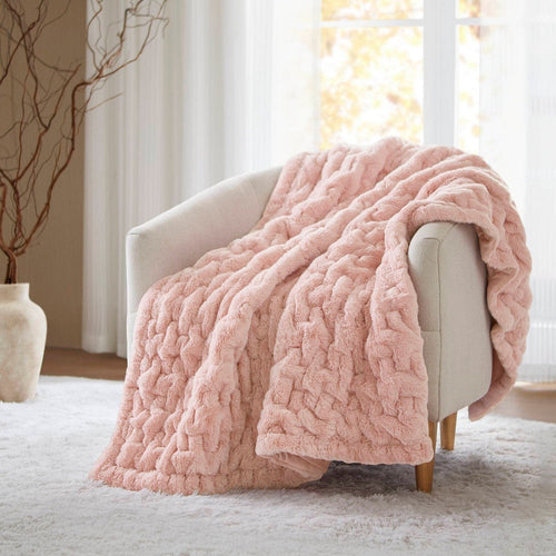 60 x 50 Throw Blanket, Ruched Solid Faux Fur, Polyfill, Pink