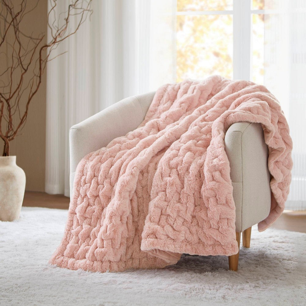 60 x 50 Throw Blanket, Ruched Solid Faux Fur, Polyfill, Pink