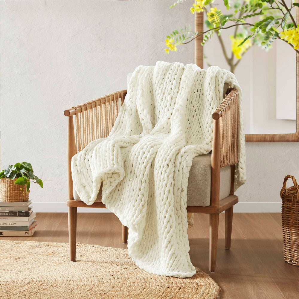 60 x 50 Throw Blanket, Handcrafted Double Knitted, Acrylic, Ivory