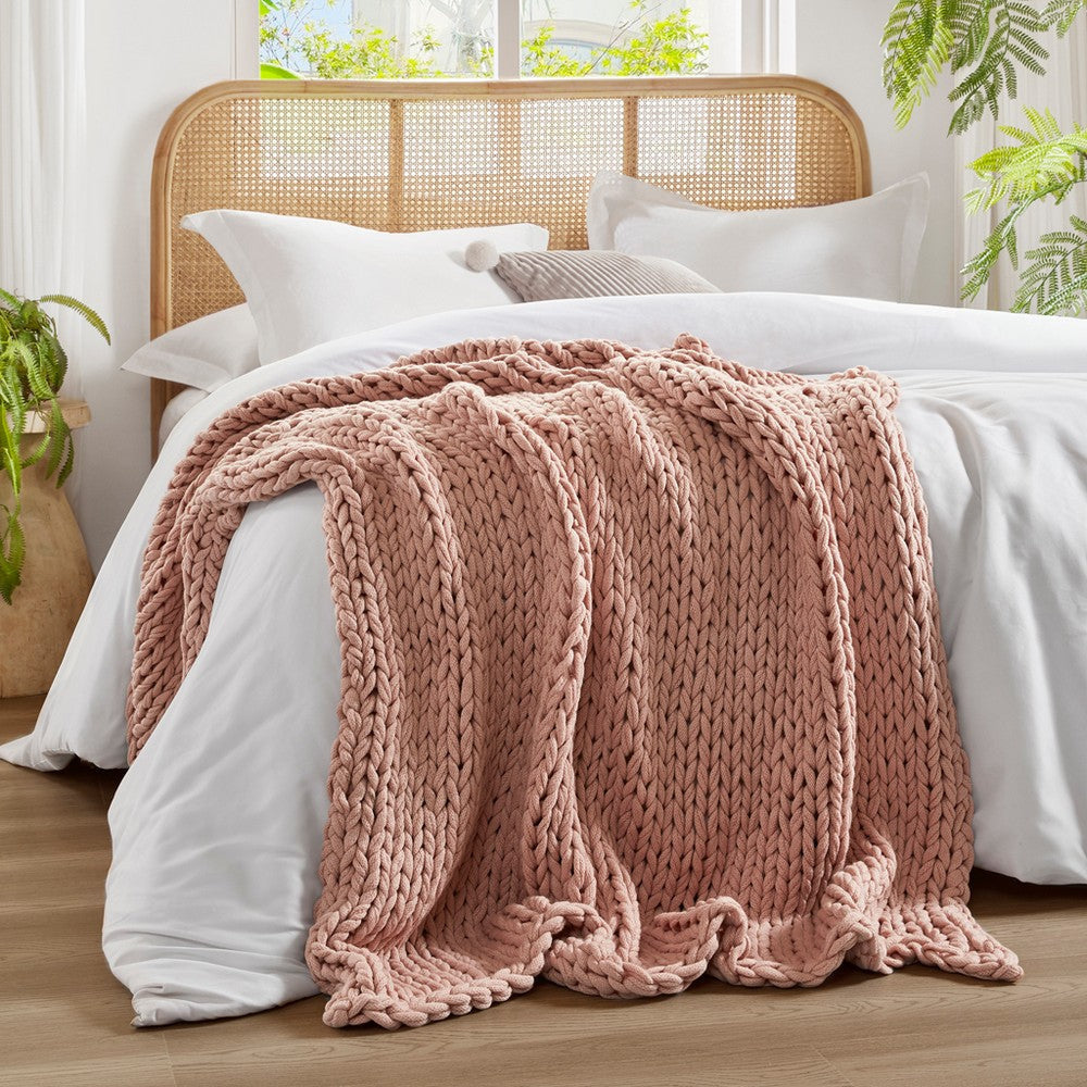 60 x 50 Throw Blanket, Handcrafted Double Knitted, Acrylic, Pink