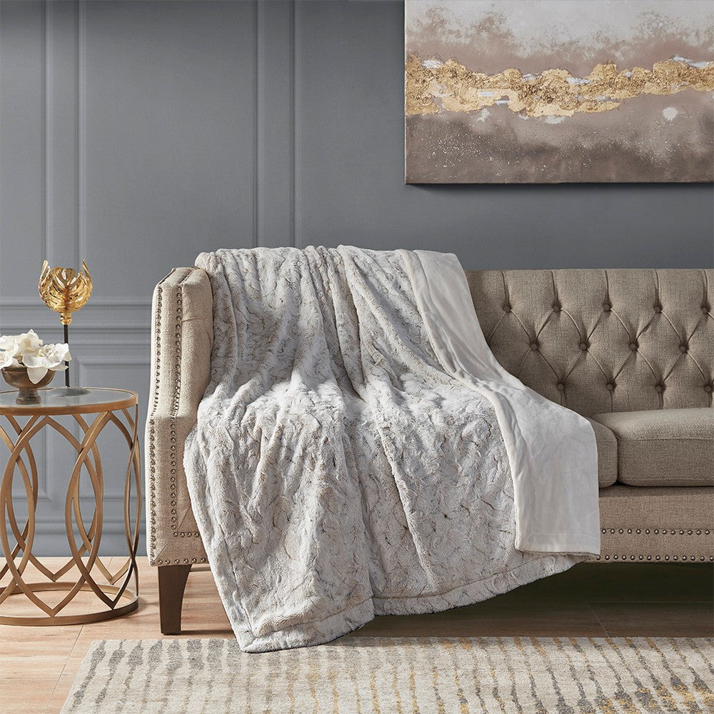 70 x 60 Throw Blanket, Polyester Fur, Snow Leaopard, Off White