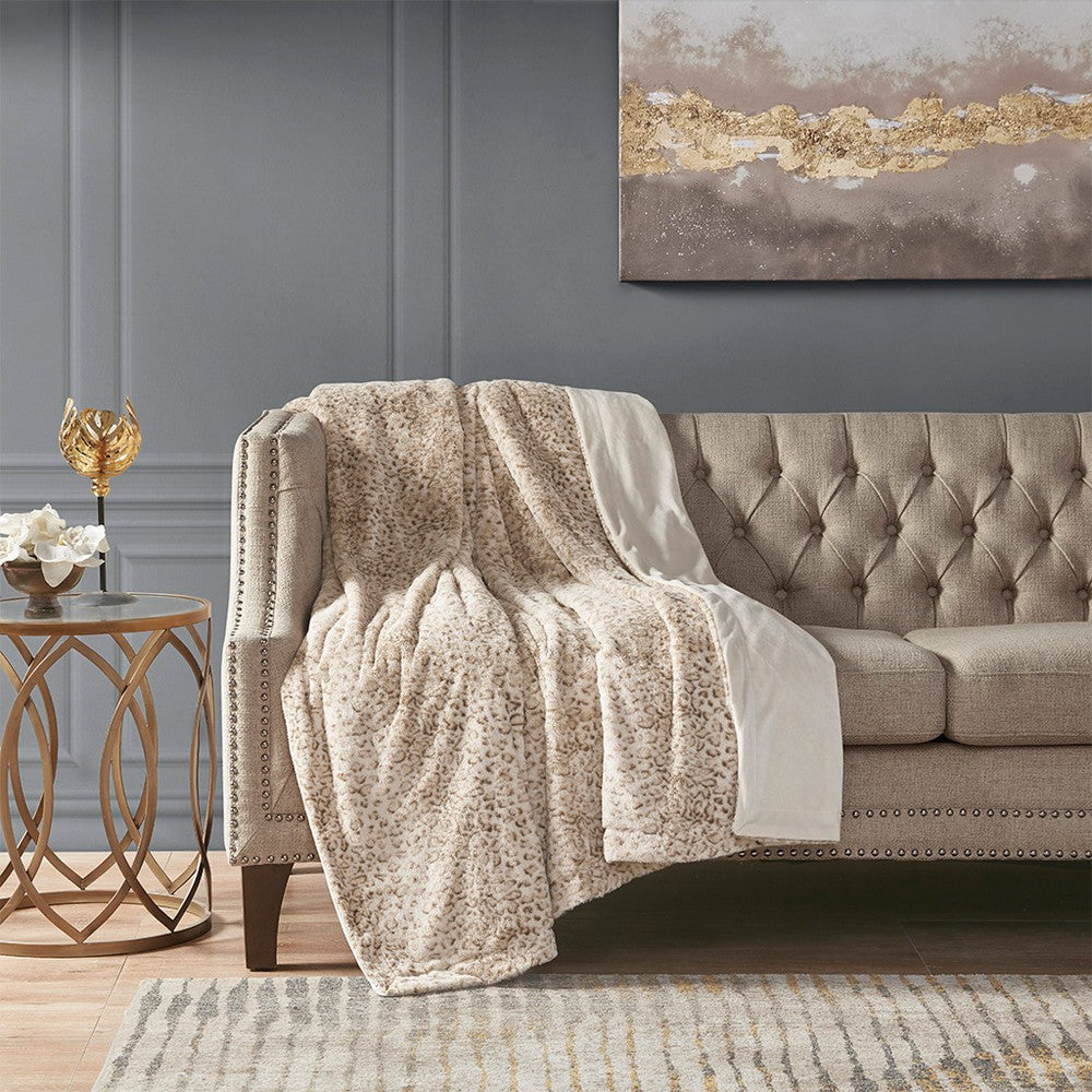 70 x 60 Throw Blanket, Polyester Fur, Leopard Print, White, Brown
