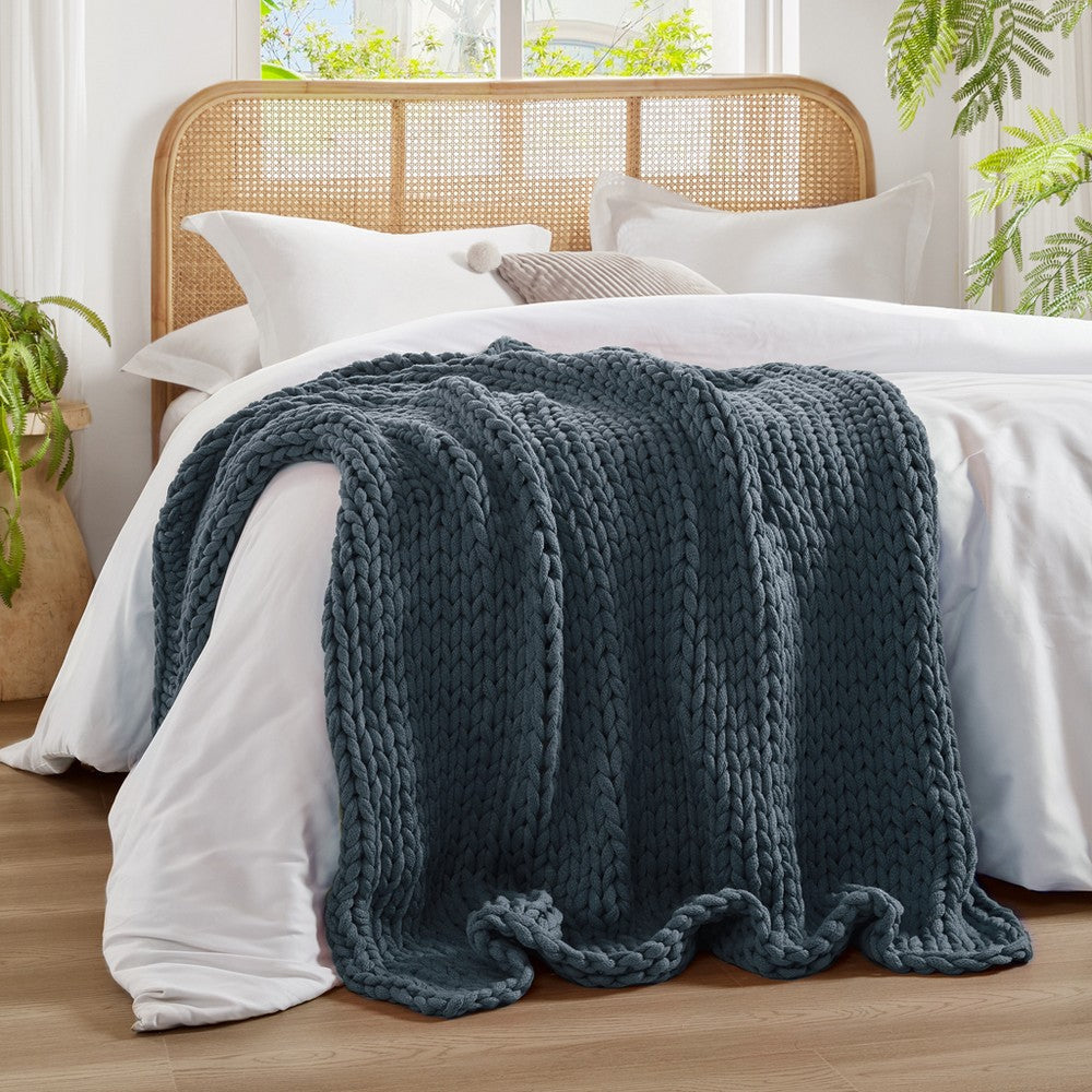 60 x 50 Throw Blanket, Handcrafted Knitted, Acrylic, Indigo Blue