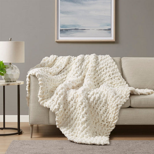 60 x 50 Throw Blanket, Polyester Chenille, Wide Knitted, Ivory