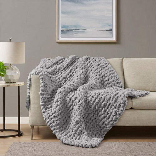 60 x 50 Throw Blanket, Polyester Chenille, Wide Knitted, Gray