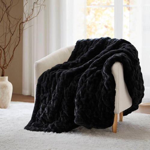60 x 50 Throw Blanket, Ruched Solid Faux Fur, Polyfill, Black
