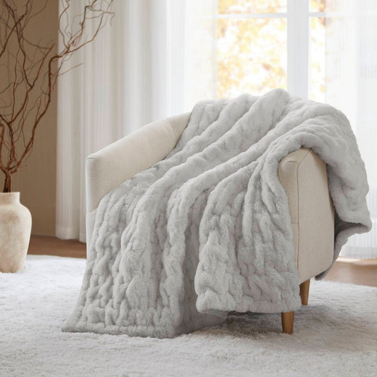 60 x 50 Throw Blanket, Ruched Solid Faux Fur, Polyfill, Silver