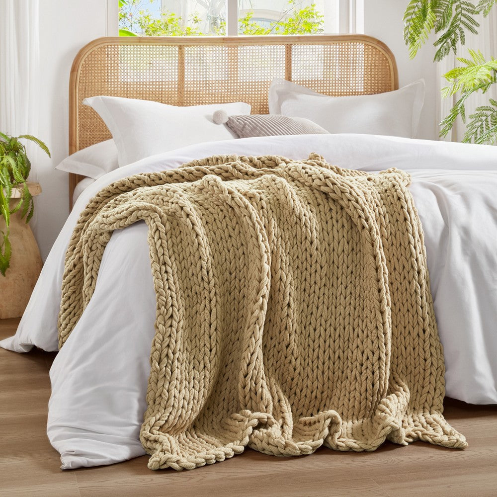 60 x 50 Throw Blanket, Handcrafted Knitted, Acrylic, Tan Brown