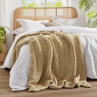 60 x 50 Throw Blanket, Handcrafted Knitted, Acrylic, Tan Brown