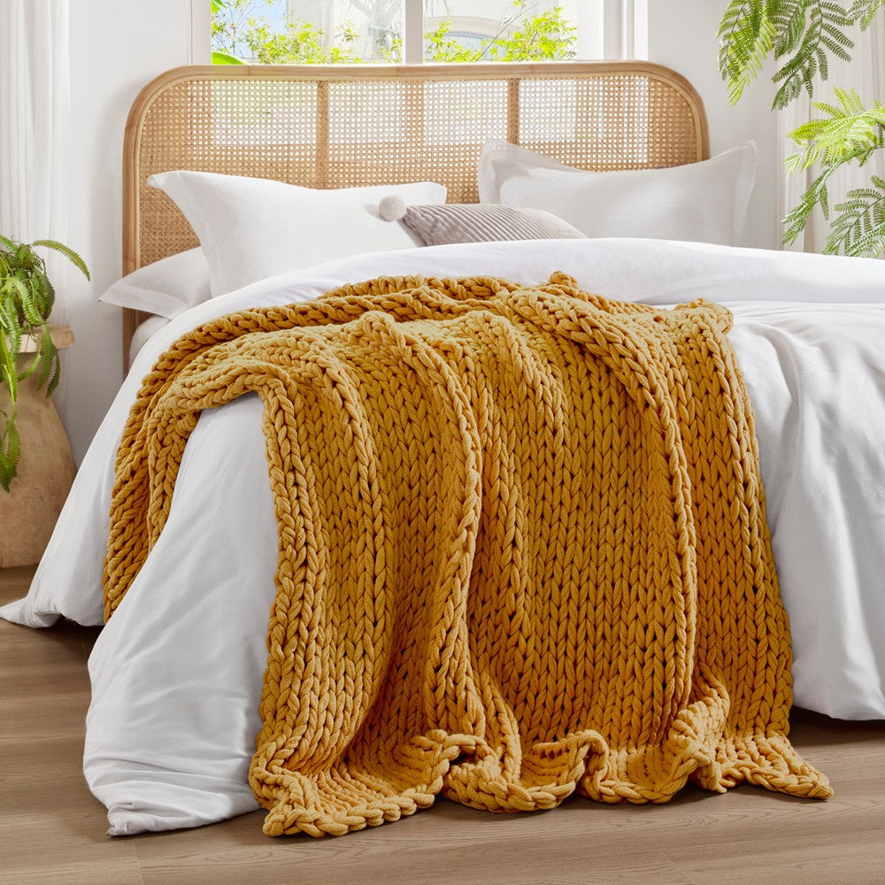 60 x 50 Throw Blanket, Handcrafted Double Knitted, Acrylic, Yellow