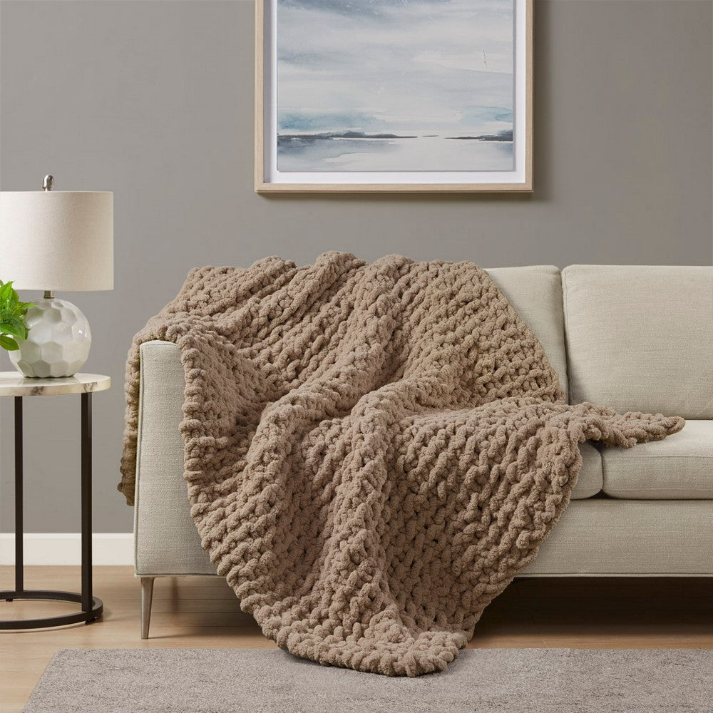 60 x 50 Throw Blanket, Polyester Chenille, Wide Knitted, Brown