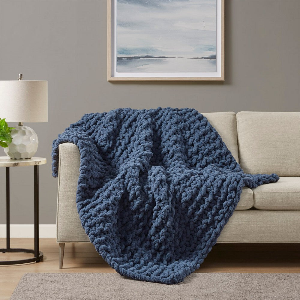 60 x 50 Throw Blanket, Polyester Chenille, Wide Knitted, Navy Blue