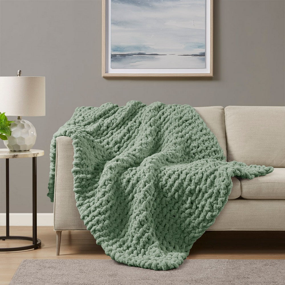 60 x 50 Throw Blanket, Polyester Chenille, Knitted, Sage Green