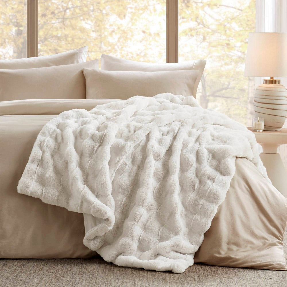 60 x 50 Throw Blanket, Polyester Fur Basketweave Pattern, Ivory