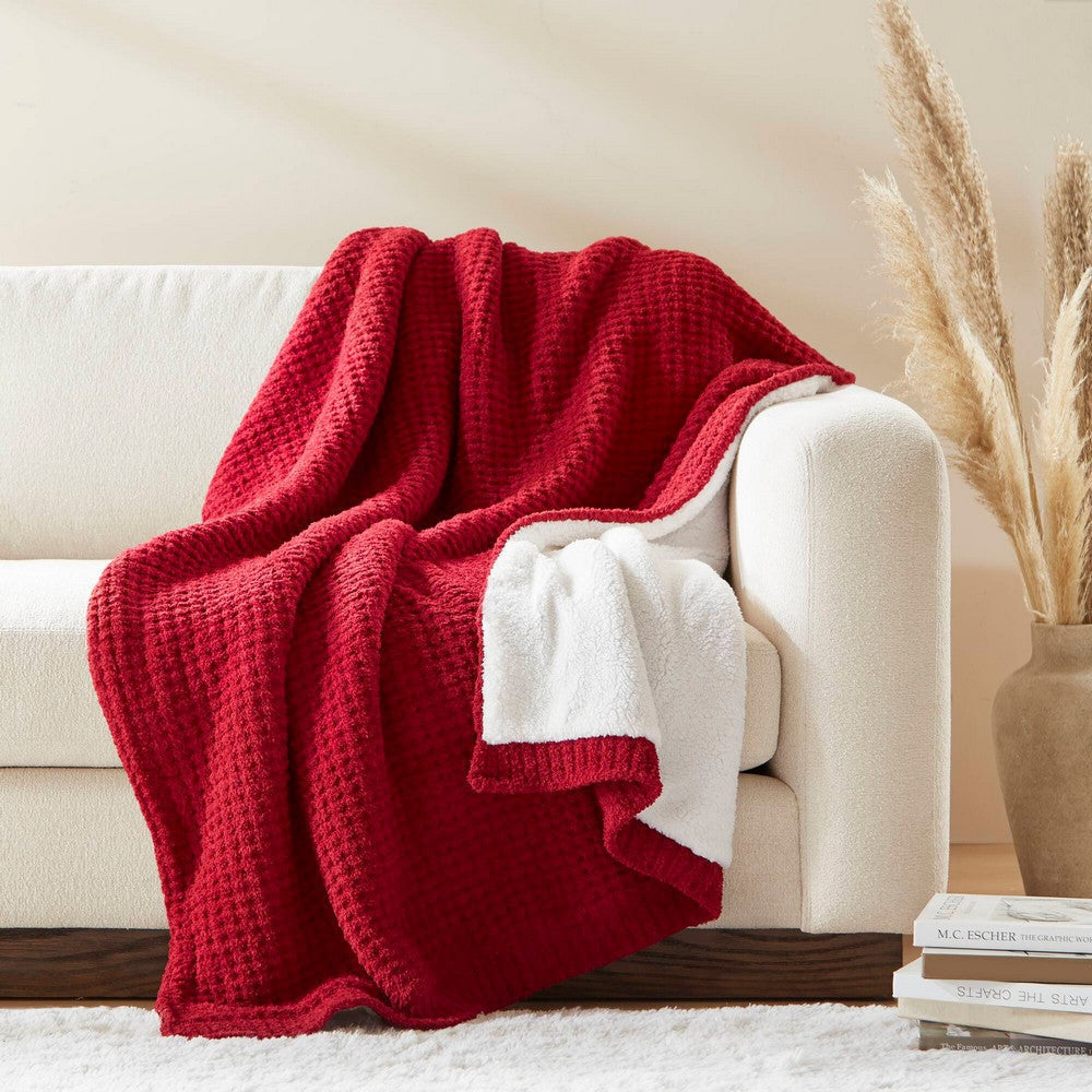 60 x 50 Throw Blanket, Waffle Chenille, Red, Ivory Sherpa