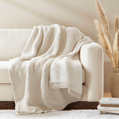 60 x 50 Throw Blanket, Waffle Chenille and Sherpa, Ivory
