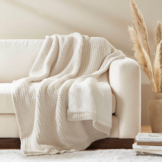 60 x 50 Throw Blanket, Waffle Chenille and Sherpa, Ivory