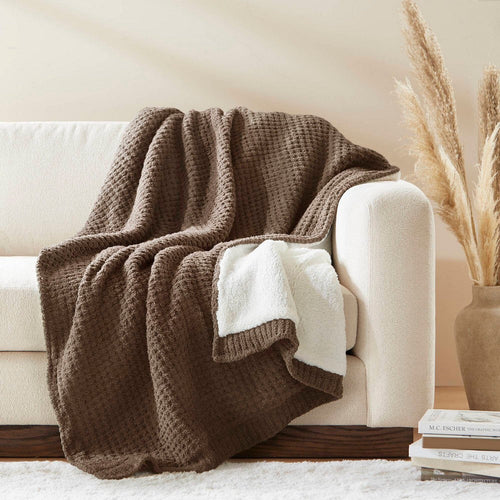 60 x 50 Throw Blanket, Waffle Chenille, Brown, Ivory Sherpa