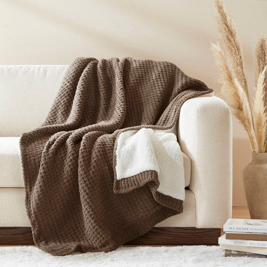 60 x 50 Throw Blanket, Waffle Chenille, Brown, Ivory Sherpa