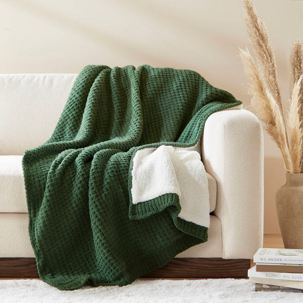 60 x 50 Throw Blanket, Waffle Chenille, Green, Ivory Sherpa