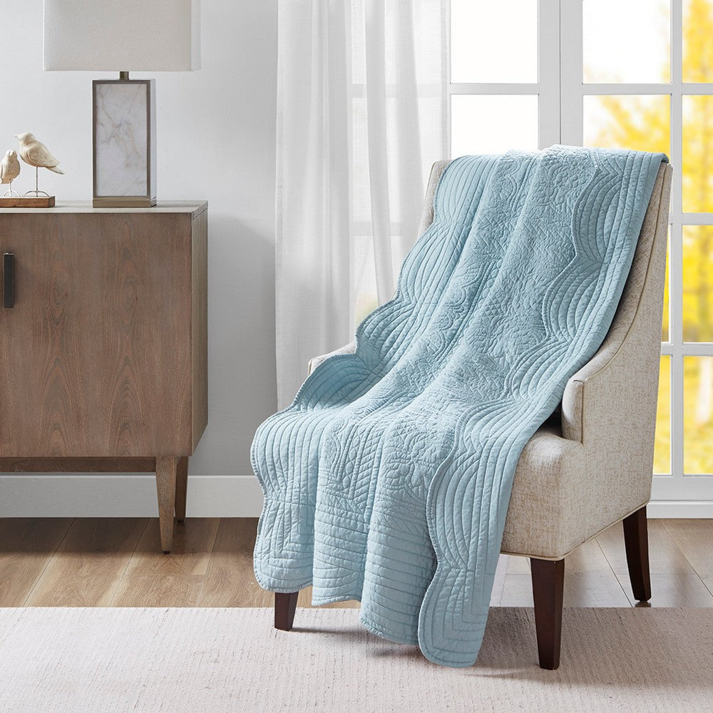 Quilted Throw Blanket, Scalloped Edges, Blue Polyester Microfiber