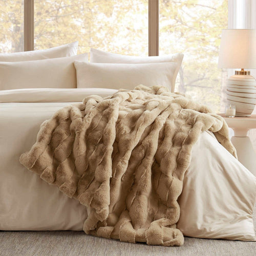 60 x 50 Throw Blanket, Polyester Fur Basketweave Pattern, Tan