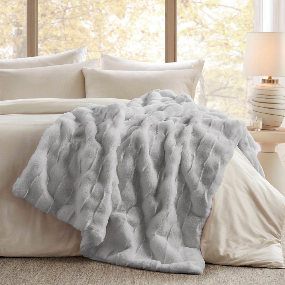 60 x 50 Throw Blanket, Fur Basketweave Pattern, Light Gray