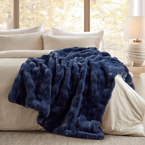 60 x 50 Throw Blanket, Fur Basketweave Pattern, Navy Blue