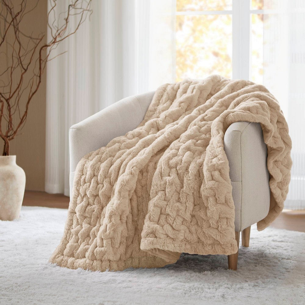 60 x 50 Throw Blanket, Ruched Solid Faux Fur, Polyfill, Tan Brown
