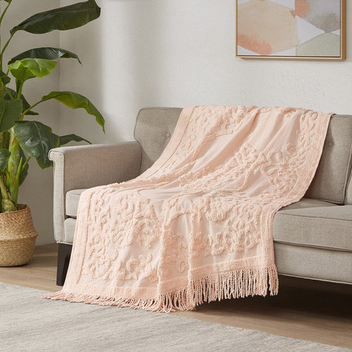60 x 50 Throw Blanket, Cotton Tufted Chenille, Fringe Tassels, Pink