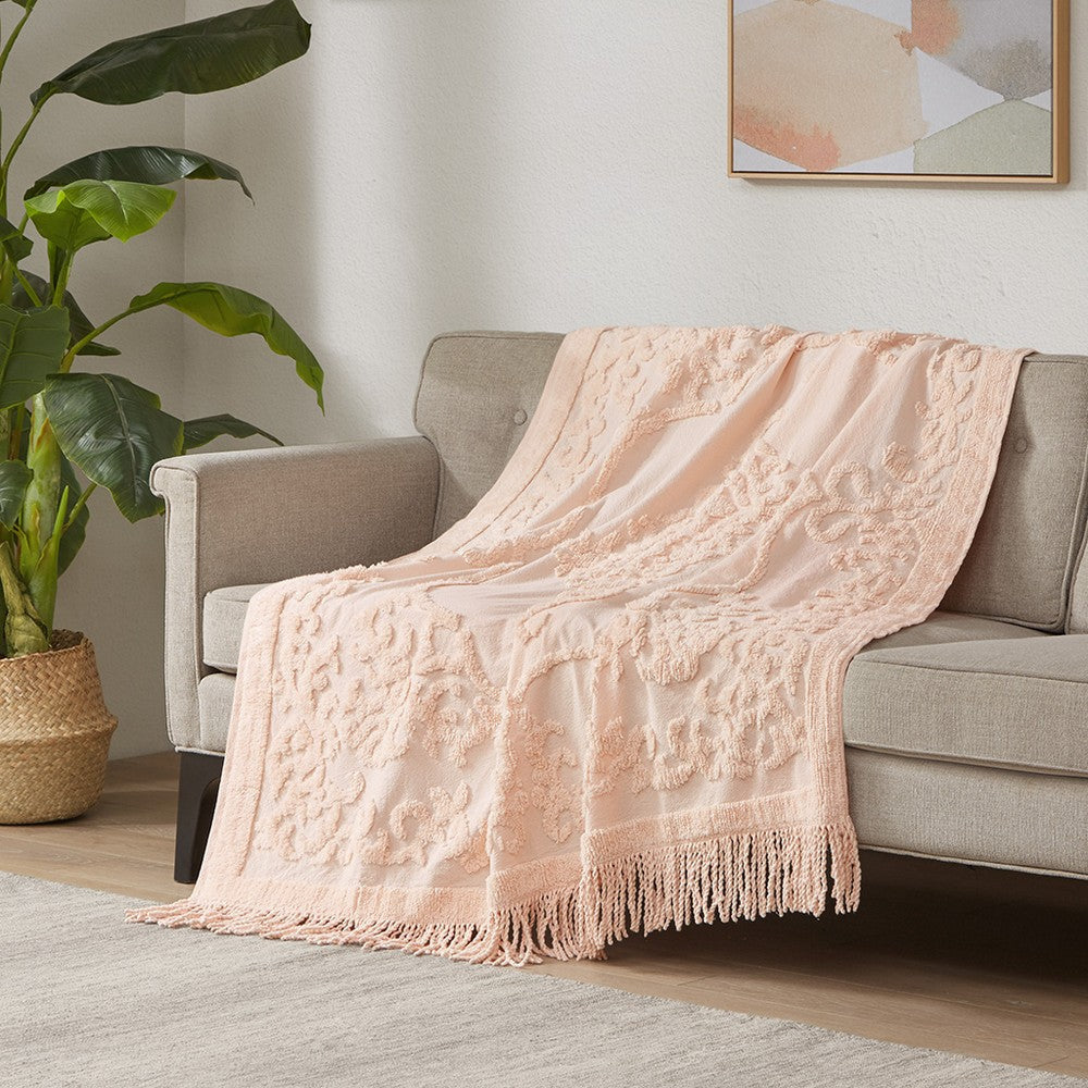 60 x 50 Throw Blanket, Cotton Tufted Chenille, Fringe Tassels, Pink
