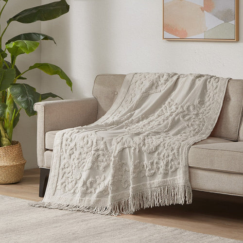 60 x 50 Throw Blanket, Cotton Tufted Chenille, Fringe Tassels, Gray