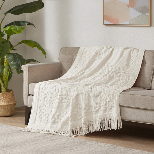 60 x 50 Throw Blanket, Cotton Tufted Chenille, Fringe Tassels, Ivory
