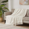 60 x 50 Throw Blanket, Cotton Tufted Chenille, Fringe Tassels, Ivory