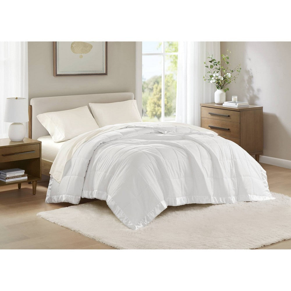 Twin Size Microfiber Blanket, Polyester Fill, Satin Trim, White