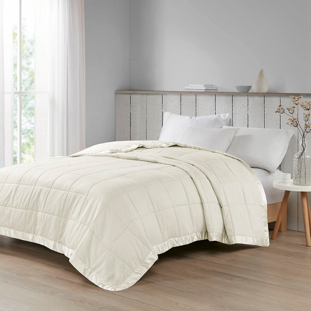 King Size Microfiber Blanket with Satin Trim, Box Quilting, Ivory