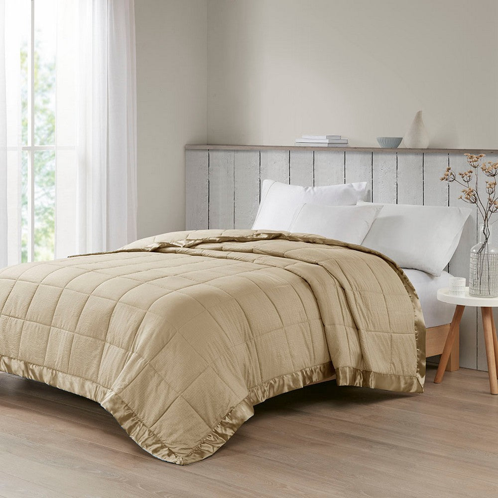King Size Microfiber Blanket with Satin Trim, Box Quilting, Taupe
