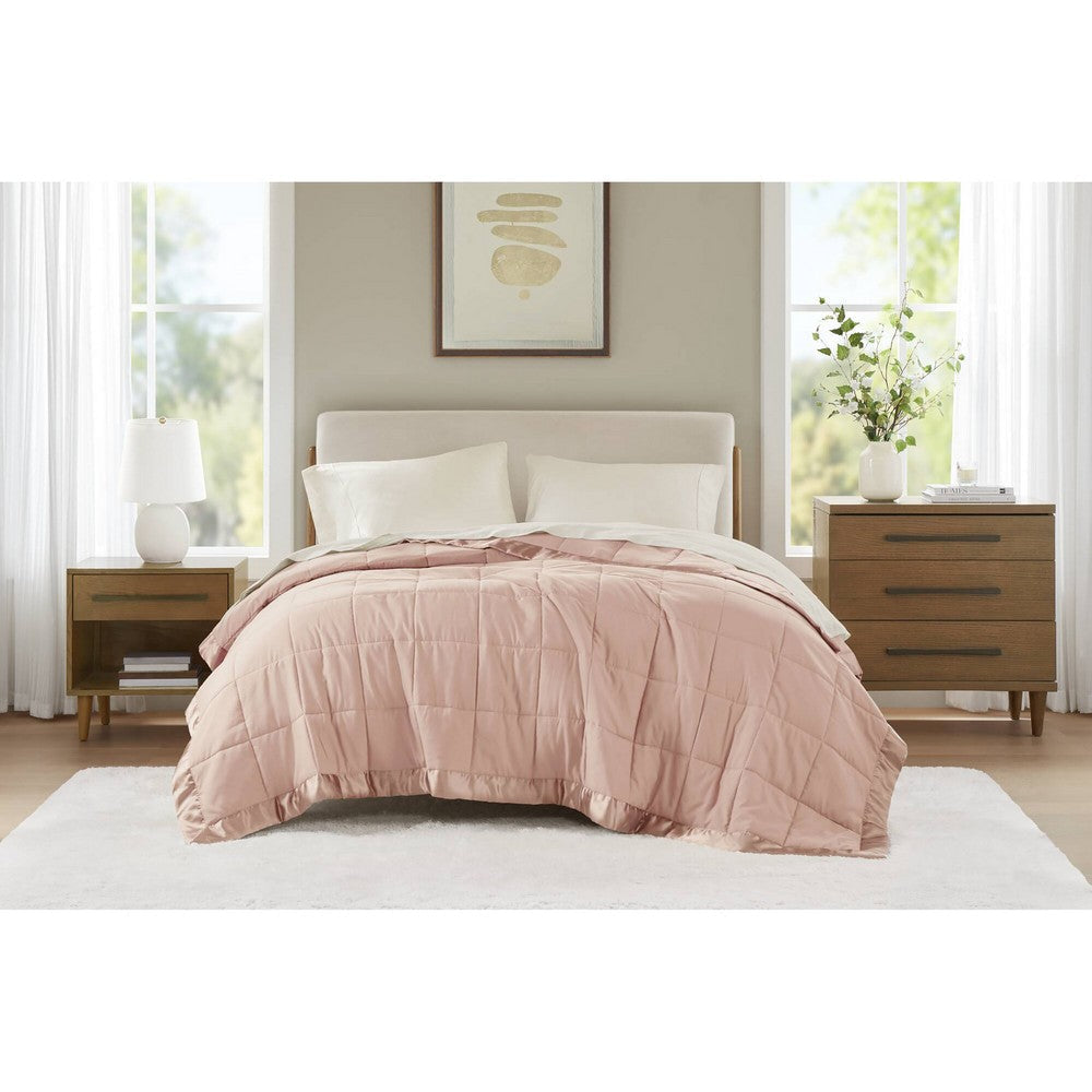 Twin Microfiber Blanket, Polyester Fill, Satin Trim, Blush Pink