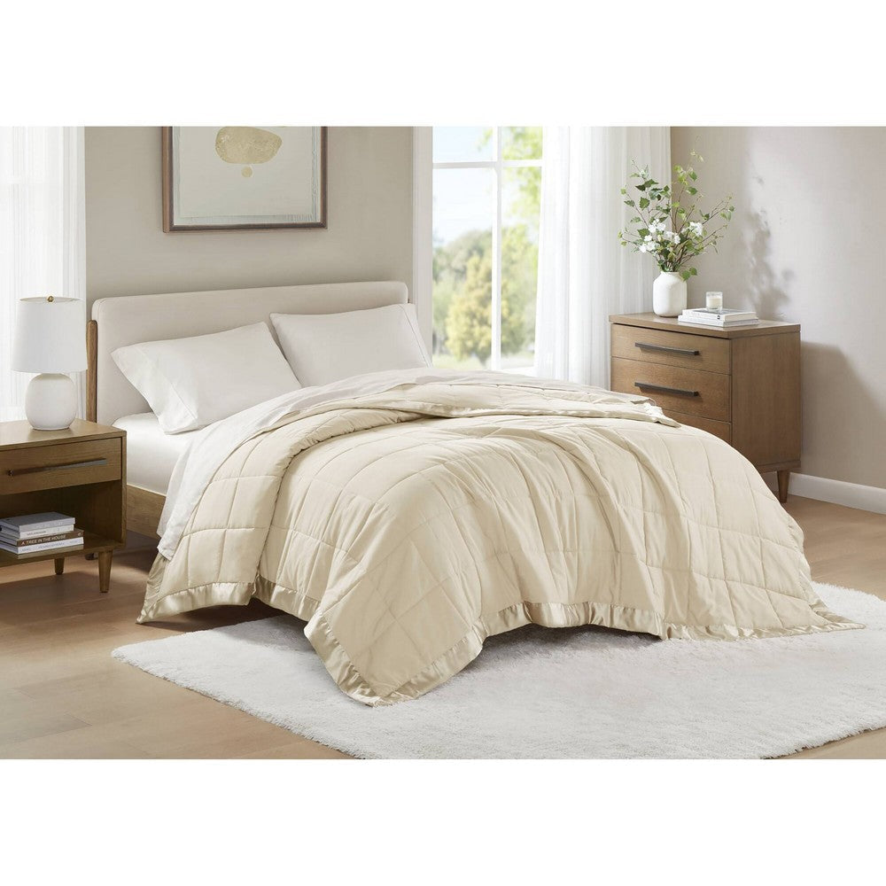 Queen Size Microfiber Blanket, Polyester Fill, Satin Trim, Cream
