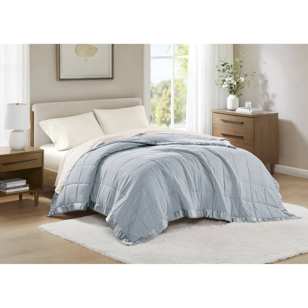 Twin Size Microfiber Blanket, Polyester Fill, Satin Trim, Blue