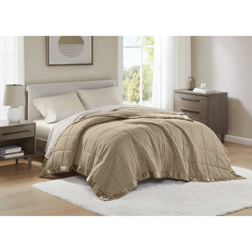 Queen Size Microfiber Blanket, Polyester Fill, Satin Trim, Brown