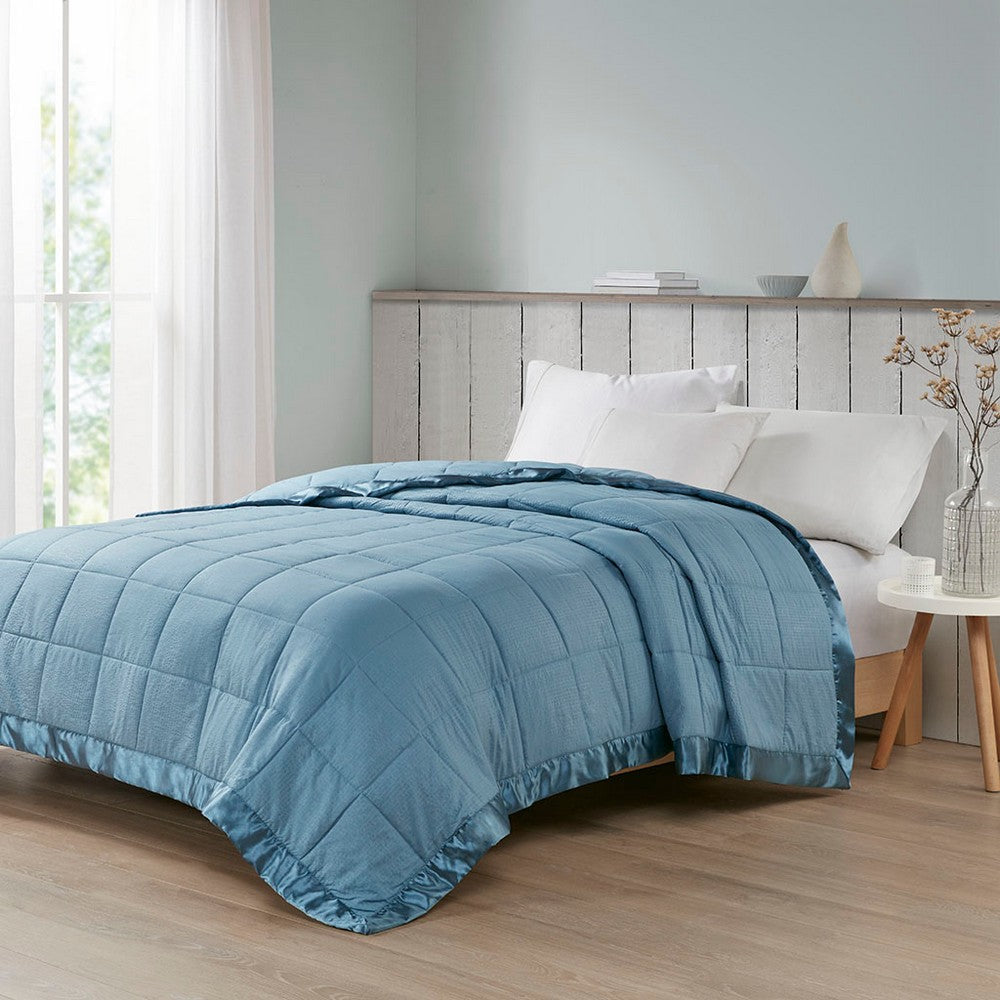 Queen Microfiber Blanket with Satin Trim, Box Quilting, Slate Blue