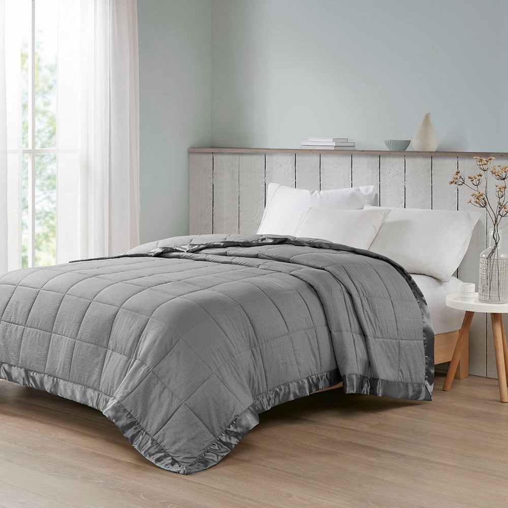 Queen Microfiber Blanket, Satin Trim, Box Quilting, Charcoal Gray