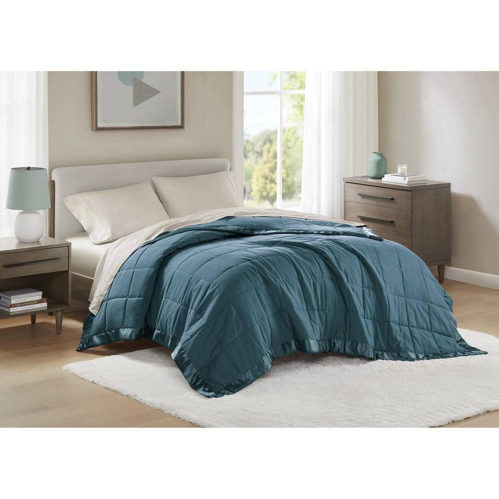 Queen Microfiber Blanket, Polyester Fill, Satin Trim, Teal Blue
