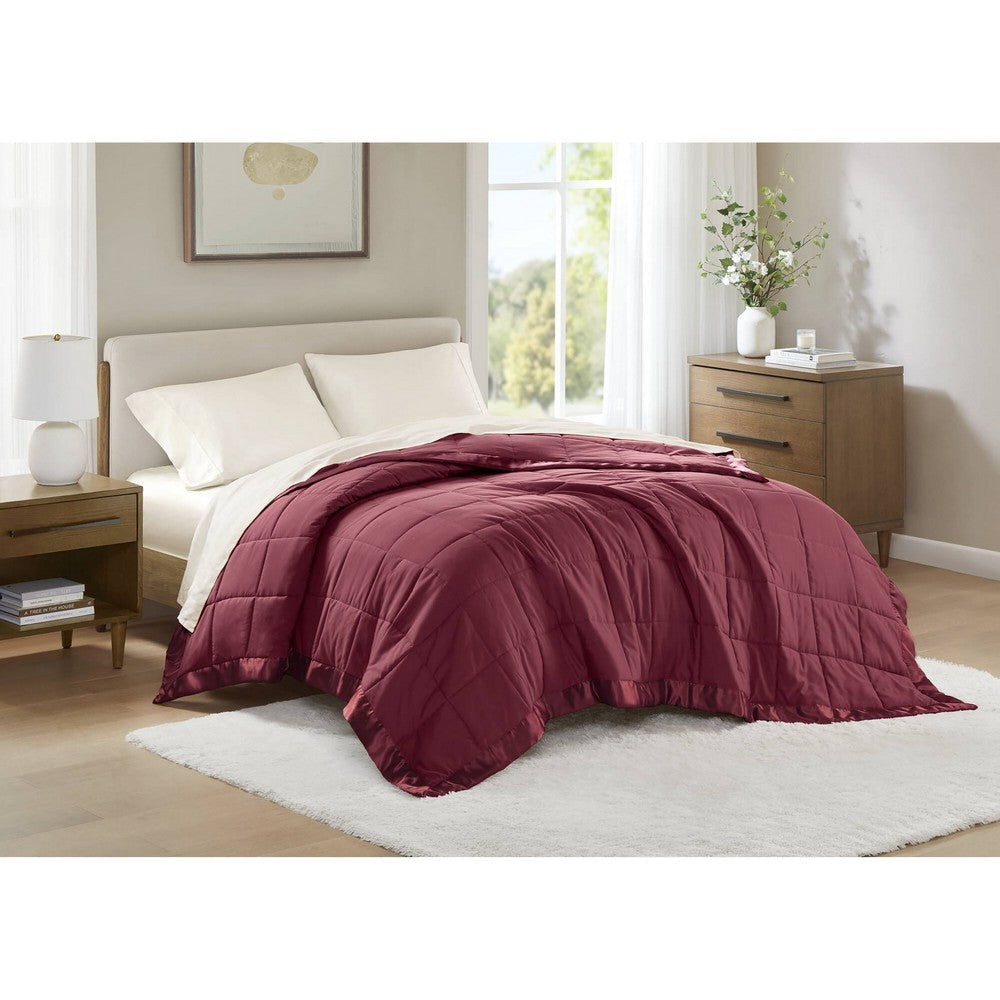Queen Size Microfiber Blanket, Polyester Fill, Satin Trim, Red