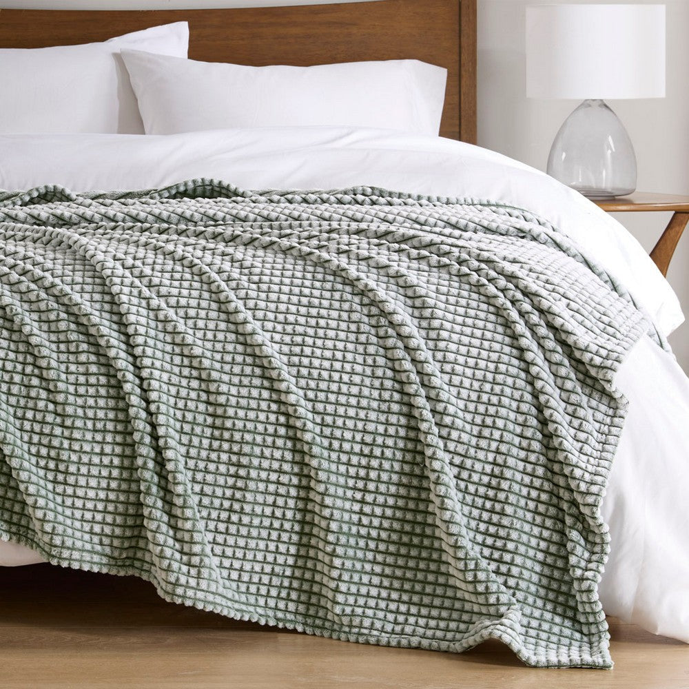 Queen Size Carved Microvelour Polyester Blanket, Green Backprint
