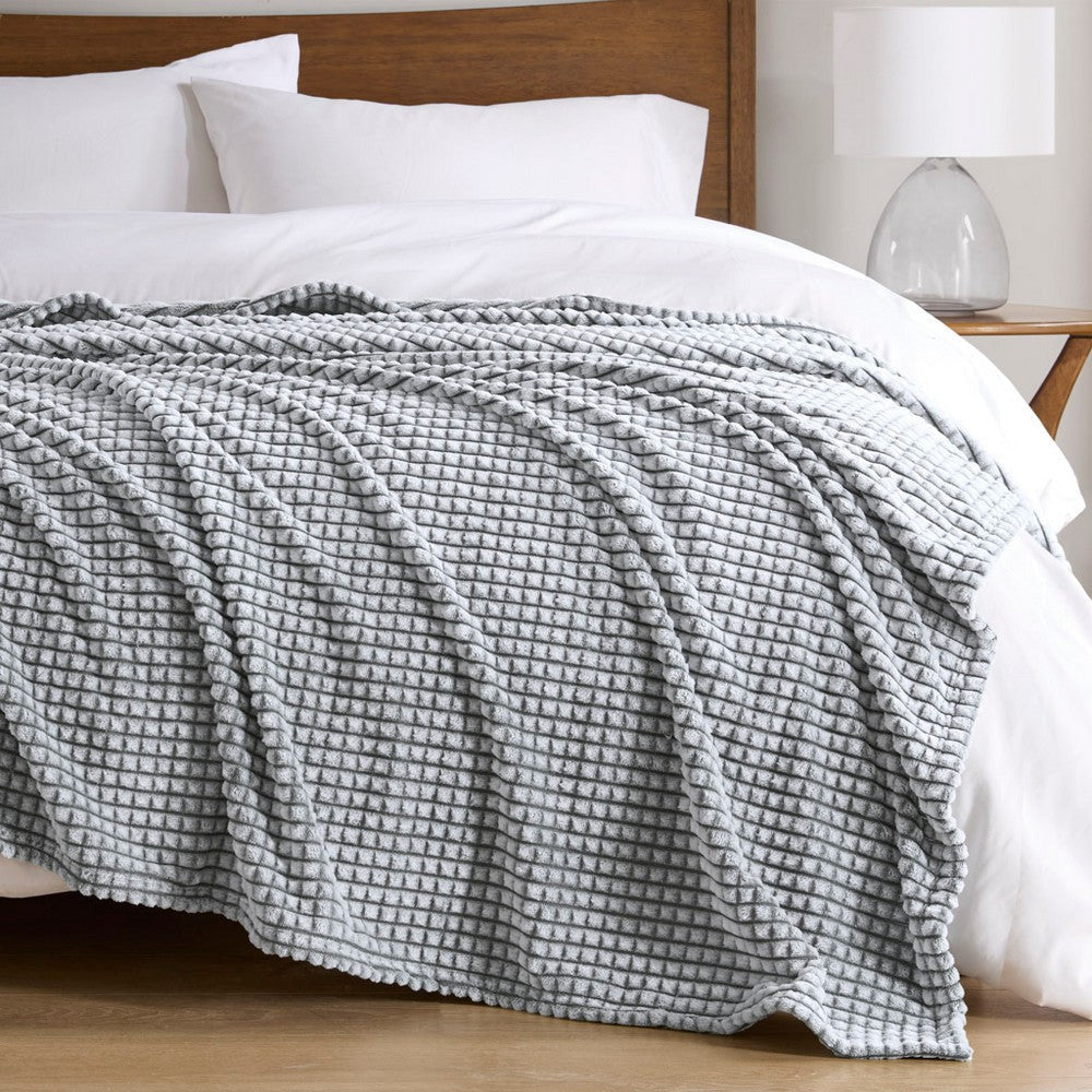 Queen Size Carved Microvelour Polyester Blanket, Gray Backprint